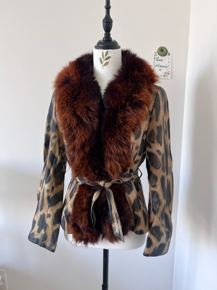Vintage Leopard Print Lamb Leather Fox Fur Collar Jacket Moto Coat