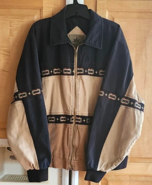 Vtg 90s Canyon Guide Outfitters Canvas Aztec Bomber Jkt L Tan & Blue - product detail image 3