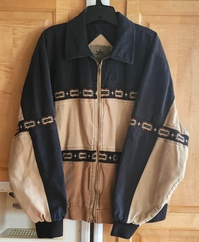 Vtg 90s Canyon Guide Outfitters Canvas Aztec Bomber Jkt L Tan & Blue image 3