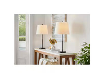 Hampton Bay Warrington 24.5" Black Table Lamp Set White Fabric Shades Set of 2 