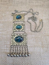 Vintage Israel 72g Sterling Silver Gold Vermeil 3 Eilat Stone Statement Necklace