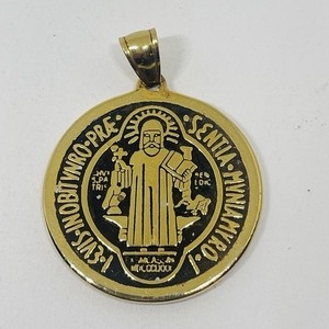 Authentic Men 14k Gold Plated Religious Jewelry St Saint Benedict Medal Pendant Bale 1.75”