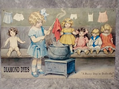 Metal Tin Sign Diamond Dyes A Busy Day in Dollville Bessie P Gutmann Wall Decor
