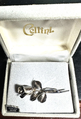 VTG CELLINI Sterling Silver Rose Brooch Pin 2'' Floral Design 6g Etched Leaves