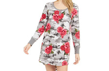 Betsey Johnson Women's Floral-Print Fleece Sleepshirt, Gray Camo Roses, Small
