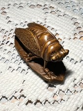 Japanese Netsuke Cicada On Leaf Carved Boxwood Edo Meiji Signed- Antique