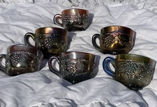 6 Vintage Northwood Grape & Cable Carnival Cups. Multiple Base Colors.
