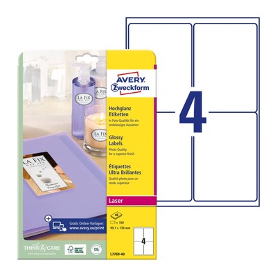 Avery Weiß 139 x 99,1 mm Selbstklebende Laser Glänzende Etiketten - 4 Pro Seite - 40 Sh
