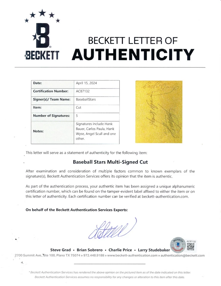 Carlos Paula 1954 Washington Senators Autographed Cut Rare Beckett Full Letter - Image 2 of 2