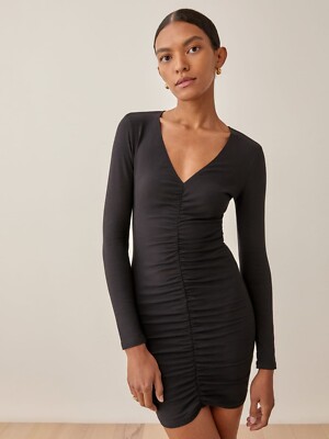 Reformation Cally Mini Dress Women's Size Medium Black Ruched Long Sleeve  Dress | eBay