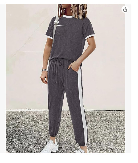 Women’s Two Piece Outfits Short Sleeve Long Pants Set Medium Gray