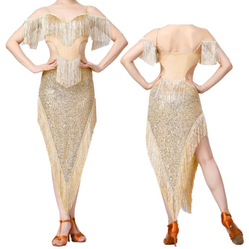 iEFiEL Damen Latein Tanzkleid Salsa Tango Pailletten Fransenkleid Glitzer Kleid - Bild 38 von 72