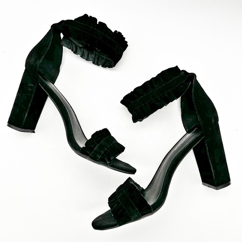 Jeffrey Campbell Lindsay Black Suede Ruffle Open Toe Ankle Strap Block Heels 8.5 - Picture 4 of 11