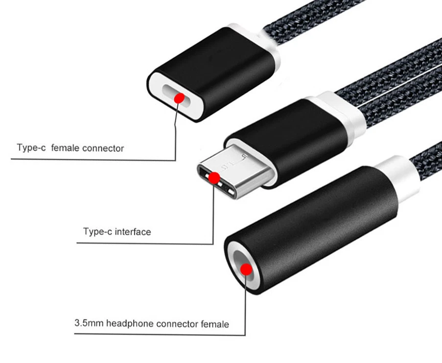 5Pack 2 in1 Type-C USB C to 3.5mm AUX Audio Headphone Jack Adapter Charger Cable - Image 3 of 4