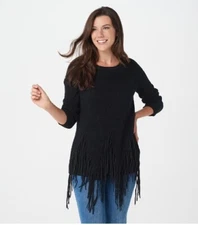 Attitudes by Renee Black Knit Fringe Detail Long Sleeve Sweater New