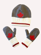 Maple Leaf Beanie Hat Mittens Gloves Set, Canadian Themed Beanie Mitten Set 102 