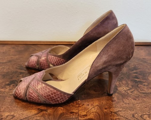 Bruno Magli purple suede and snake pattern leather peep toe heels 7AA - Picture 3 of 6