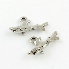 2 Shark Charms Antiqued Silver 2 Sided Great White Ocean Jewelry Supplies 25mm