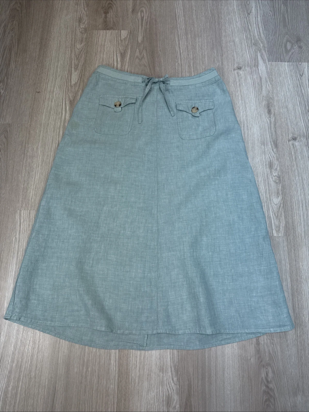 Cherokee Womens 100% Linen A-line Aqua Drawstring Button Pocket Y2K Midi Skirt 8