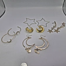 Lot 5 Crescent Moon & Stars Earrings Pierced Dangles, Hoops, Huggy - Gold Tone