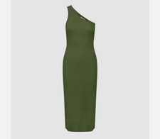 Gestuz DrewGZ One Shoulder Dress Midi Olive Green Ribbed Casual Women’s L