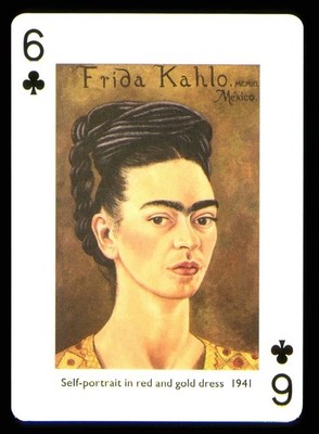 1 x playing card Frida Kahlo Self portrait in red gold dress 1941 6 of Clubs FK