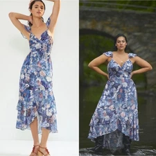 NWT Anthropologie Hutch Floral Ruffle Midi Dress Women's Blue Size 14