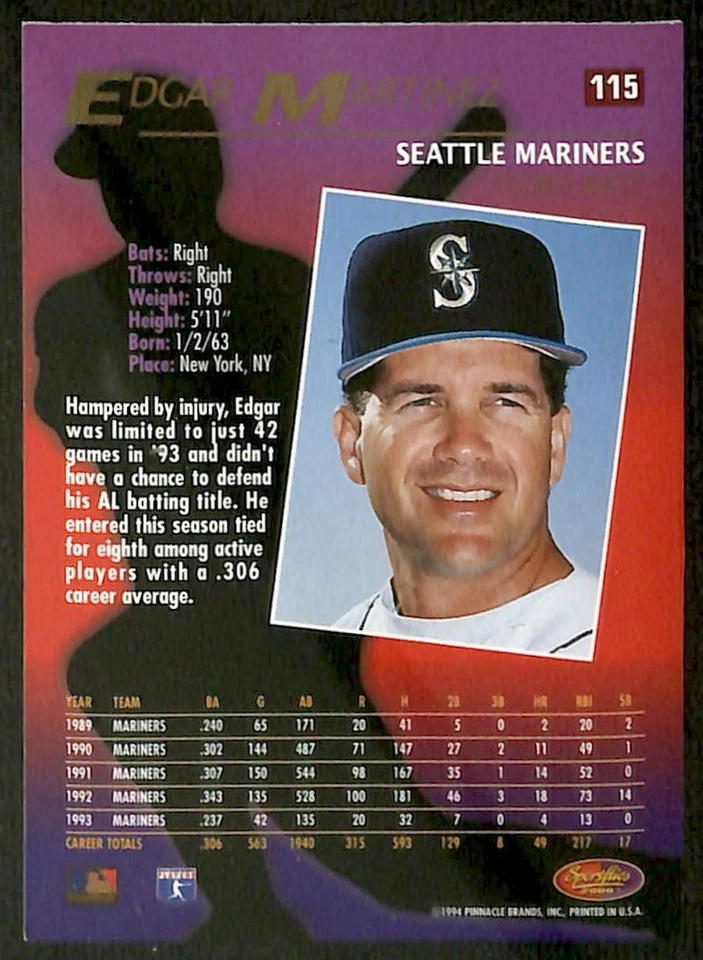 1994 Sportflics #115 Edgar Martinez Seattle Mariners - Image 2 of 2