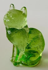 Vintage 70s Mosser Glass Sitting Cat Figurine in Apple Green 4" UV Glows