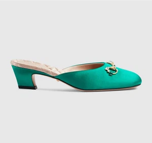 Gucci Horsebit vert cristal orné satin mules talon chaton US 9/