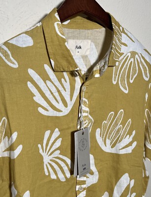 NWT Folk Camp Shirt Mens M Gold Short Sleeve Button Linen Viscose Henno Beach
