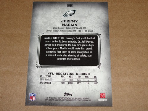 2012 Topps Inception JEREMY MACLIN #96 Green SP/75 Eagles-Chiefs MIZZOU Tigers - Picture 2 of 2