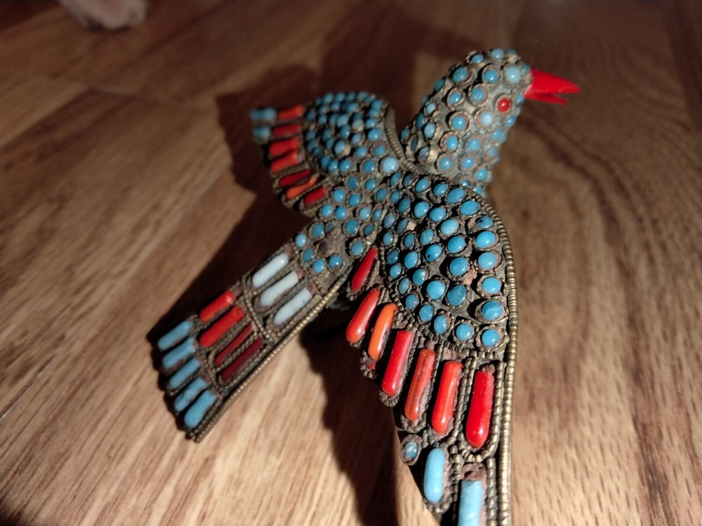 Gorgeous Spread Wings Tibet Brass Turquoise Coral Bird Figurine 4x3