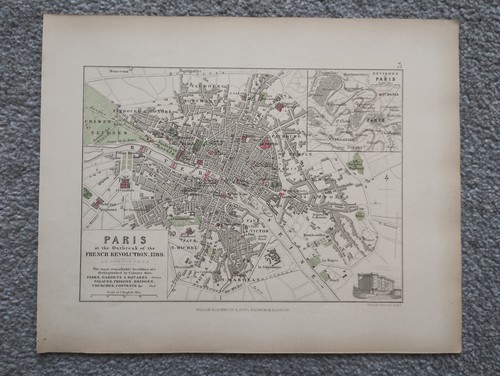 1850 Antique Map of Paris at the Outbreak of the French Revolution in 1789
