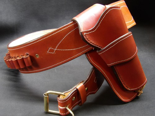 WESTERN LEATHER HOLSTER GUN BELT 44 / 45 BROWN HAND MADE COWBOY REVOLVER PISTOL - Picture 22 of 28