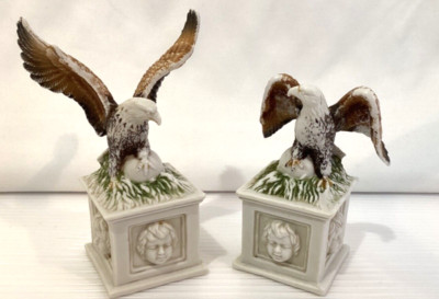 Eagle on pedestal Set of two Small Ceramic Eagles