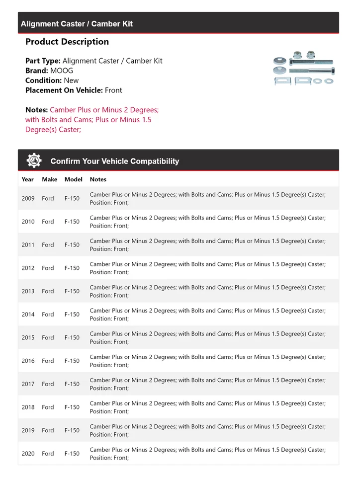 Kit de rueda de alineación/camber delantero MOOG 2009 2010 2011 para Ford F-150 2009-2020 Foto 2 de 3
