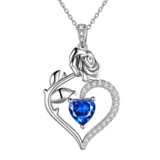 925 Sterling Silver Heart Rose Birthstone Necklace Fine Jewelry Elegant Pendant