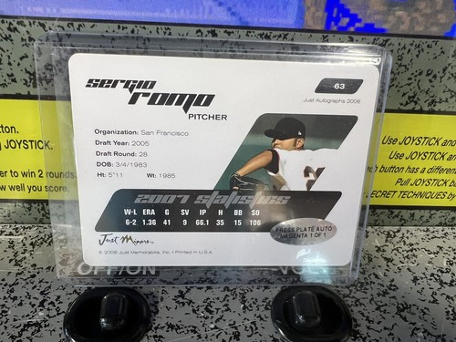 2008 Just Minors Sergio Romo RC Magenta Printing Plate Card Auto 1/1 SF Giants - Picture 4 of 6
