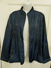  NEW  CHICO'S Sz 2 12/14 Large Crepe Jacket Ruffled Shiny Finish Navy Blue 