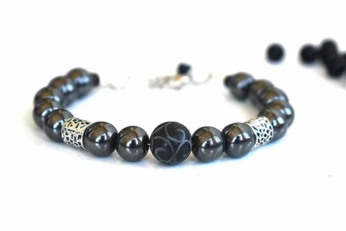 Black Onyx Hematite Men`s Beaded Gemstone Bracelet Mala Healing Stone Meditation