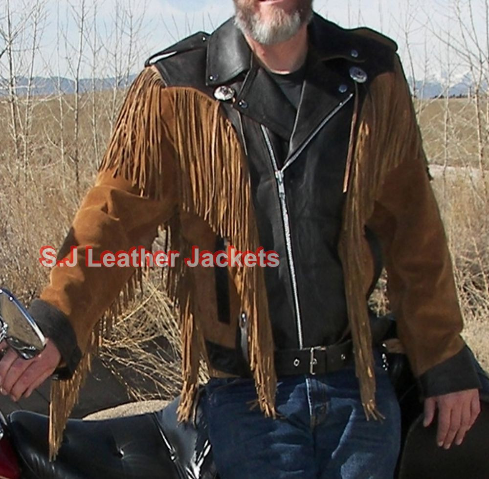Men's Brando Western Fringed Suede Leather Motorbike Jacket XS-5XL-image