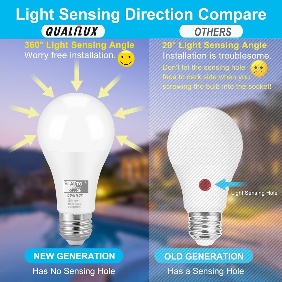 Gonhom Dusk To Dawn Bug Light Bulb Outdoor,4 Pack Amber Bug Light Bulb,Auto On/Off,10W(100W Equivalent),E26 Base,Bug Lights For Outside.Home Hallway Porch Corative Lamps.Bedroom
