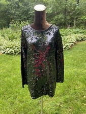 Vtg Black Sequin Long Sweater STRETCHY Mob Wife Women Size Small To Medium