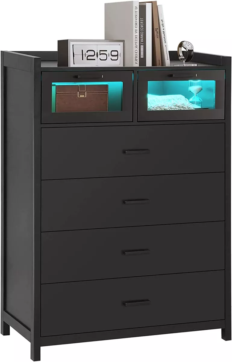 LED Dresser 6 Drawer Storage Organizer for Bedroom Tall Chest of Drawers  black