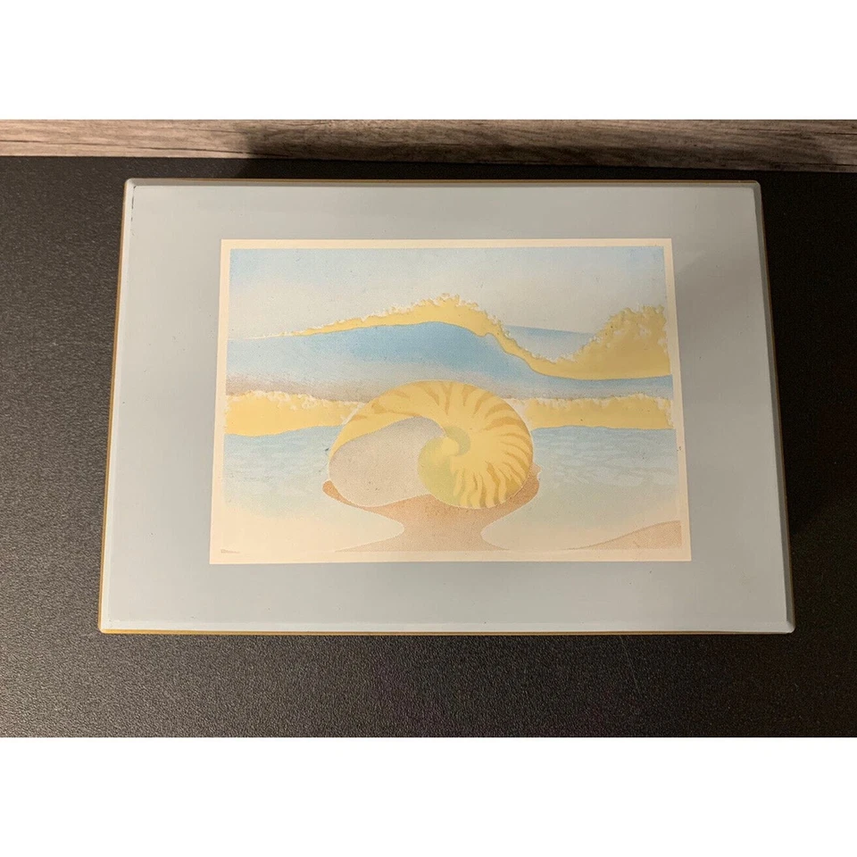 VTG Otagiri Laquer Stationery Box Blue with Gold and Nautilus Shell Shoreline - Image 2 of 4