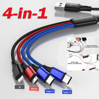 4 in1 Multi USB Charging Cable Fast Charger Cord For iPhone/Samsung/Type C/Micro