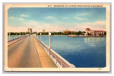 Bradenton FL from Manatee River Bridge B-77 Linen Postcard Posted 1942