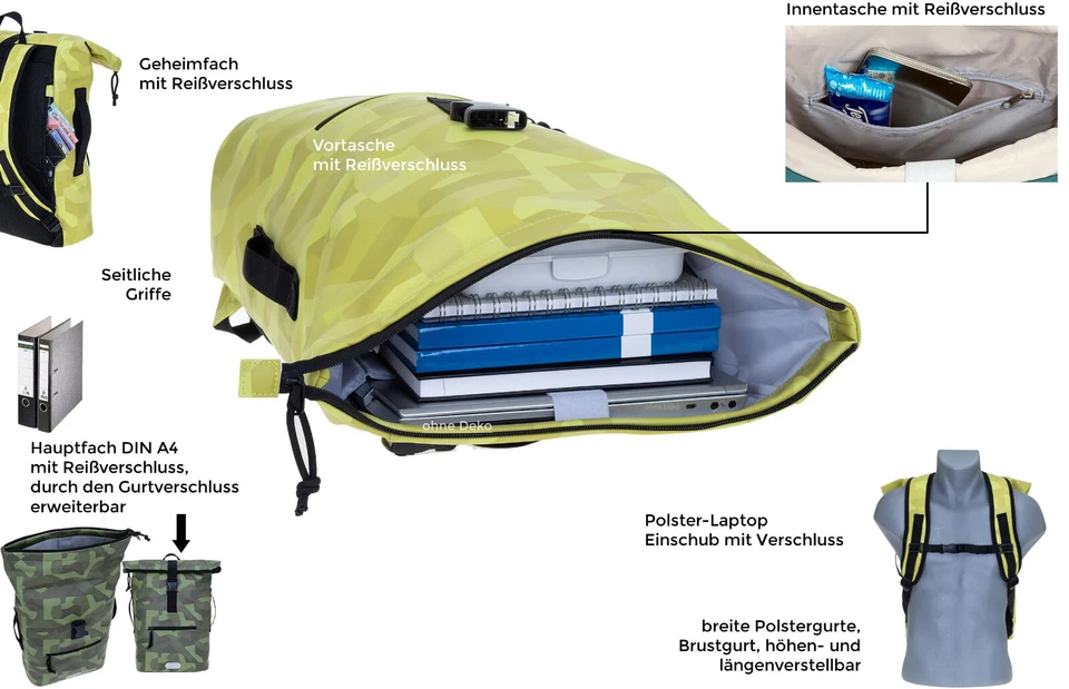 Rucksack Herren Damen Fahrradrucksack Plane Daypack Time Bag 12824 Camo Gelb +f - Bild 4 von 4