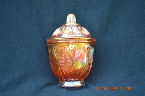 Sowerby European carnival glass Split Diamond covered sugar bowl----marigold